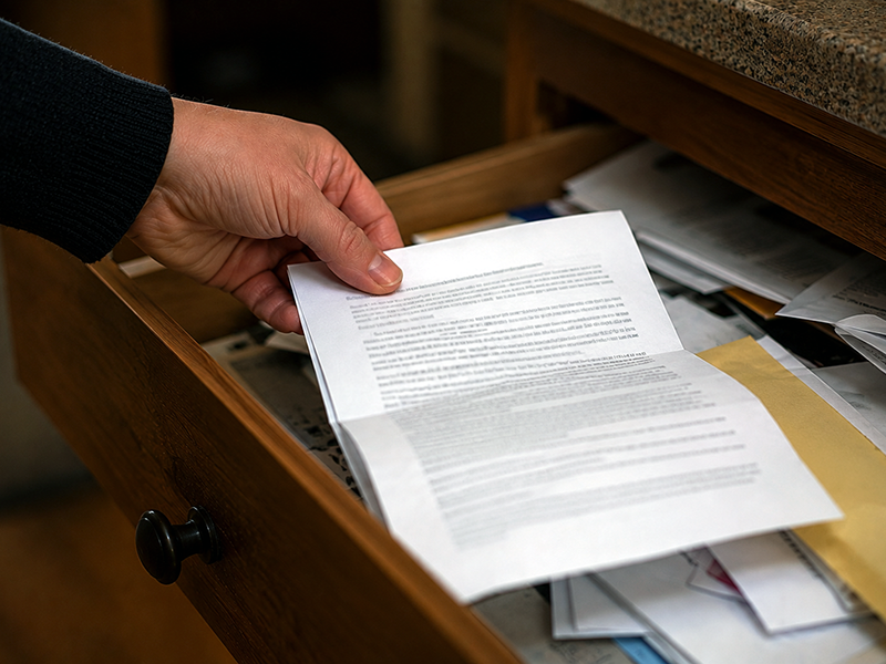 A neatly organized stack of documents on a desk, representing clarity and order after administrative chaos